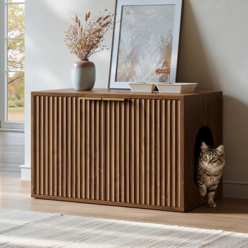 Evermagin 31.5 inch fluted walnut cat litter box enclosure furniture