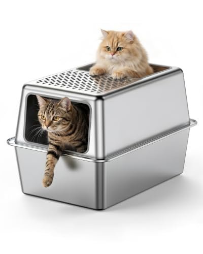Dual entry high-sided all-metal enclosed stainless steel cat litter box