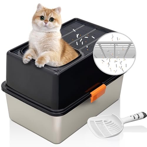 MEEXPAWS stainless steel top entry cat litter box with slotted lid and 8 inch sides