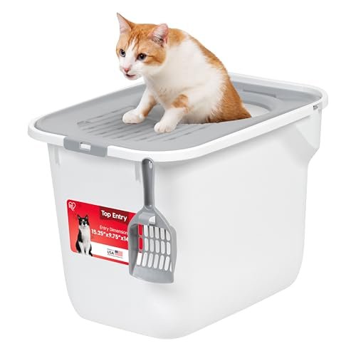 IRIS USA Large Top Entry Cat Litter Box, Hooded Privacy, White