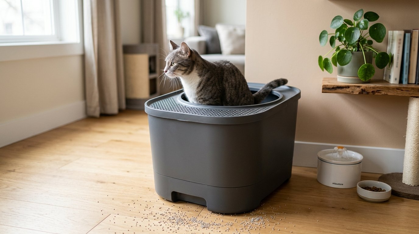 Best top entry litter box with a cat using it in a clean home