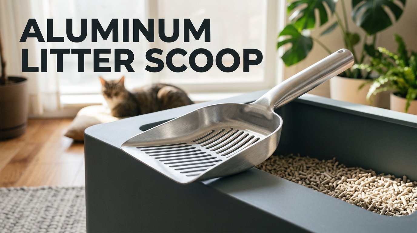 Aluminum Litter Scoop with a broad metal head and sifting slots beside a cat litter box