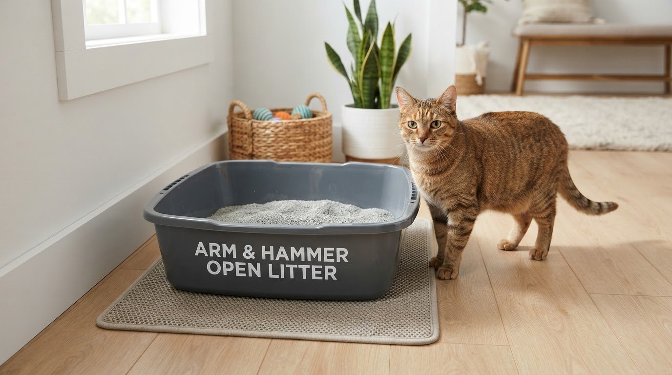 Arm & Hammer open litter box in a modern home with a cat nearby