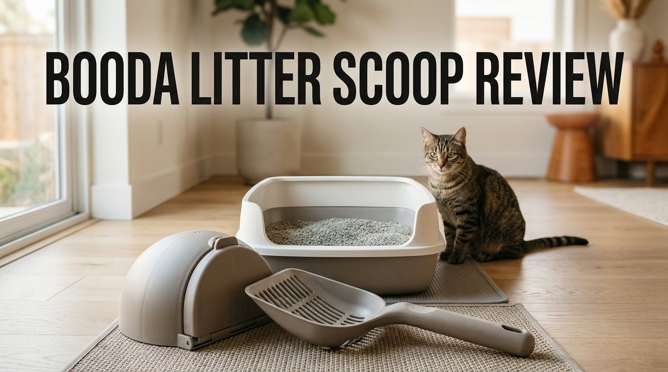 Booda Litter Scoop Review showing the scoop and hideaway storage holder