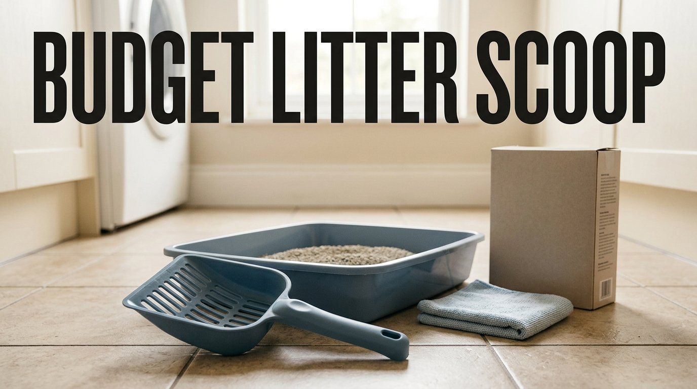 Budget Litter Scoop with a simple slotted design beside an affordable cat litter tray setup