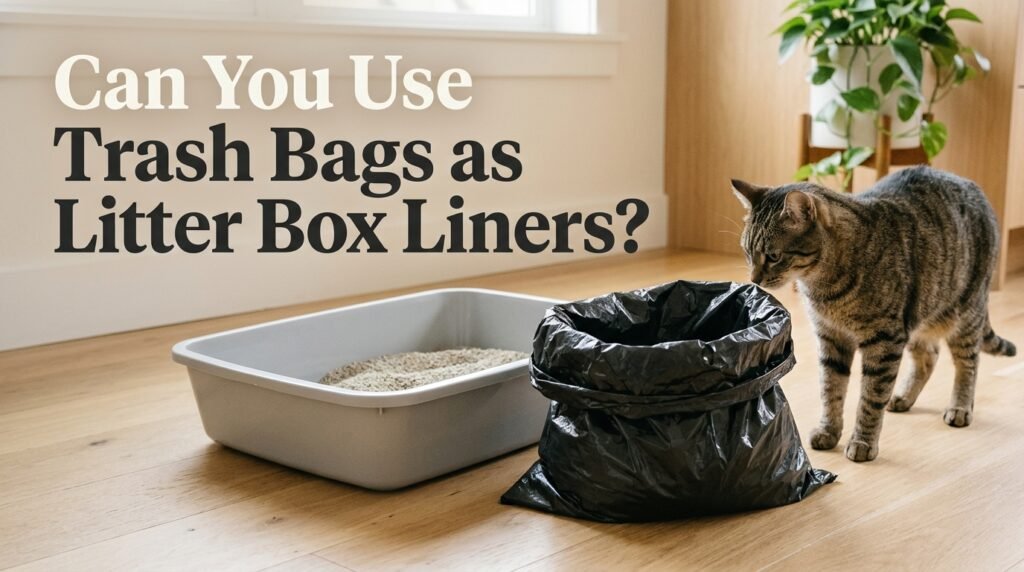 Can you use trash bags as litter box liners? Cat beside a litter box and household trash bag.