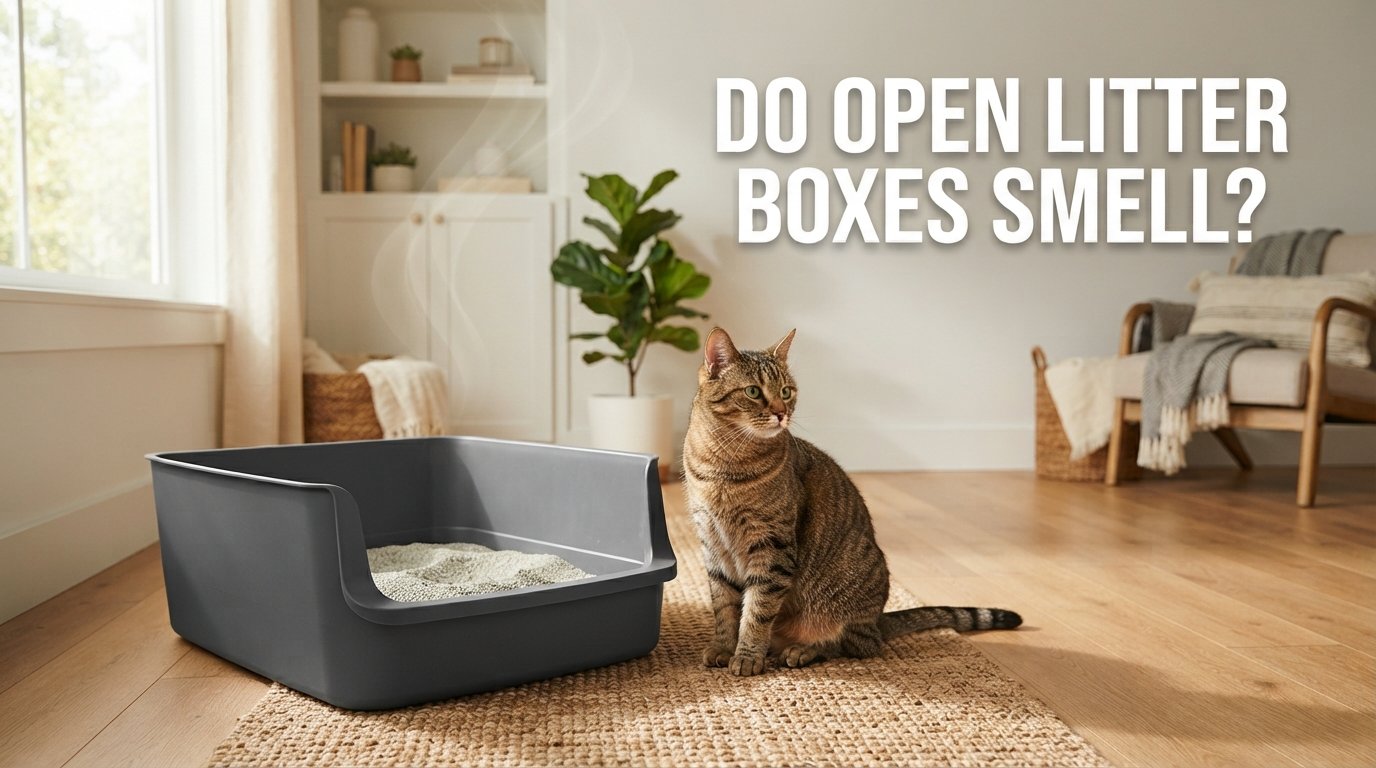 Do open litter boxes smell? Cat beside an open litter box in a clean home
