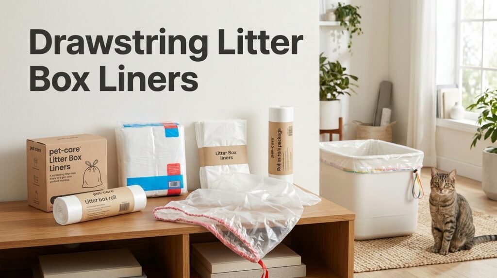 Drawstring Litter Box Liners with a gathered drawstring edge beside a cat litter box.
