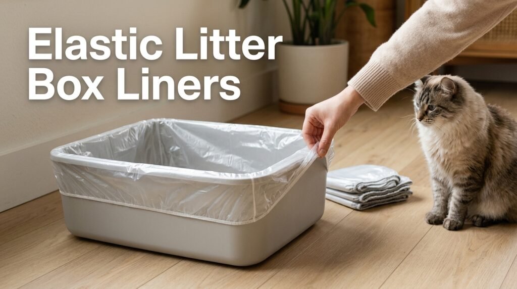 Elastic litter box liners fitted securely around the rim of a cat litter box.