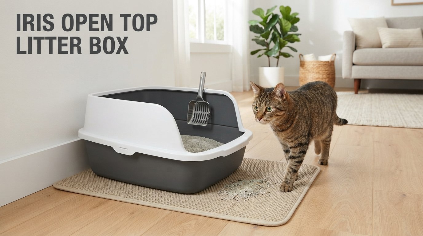 IRIS open top litter box with a cat in a clean modern home