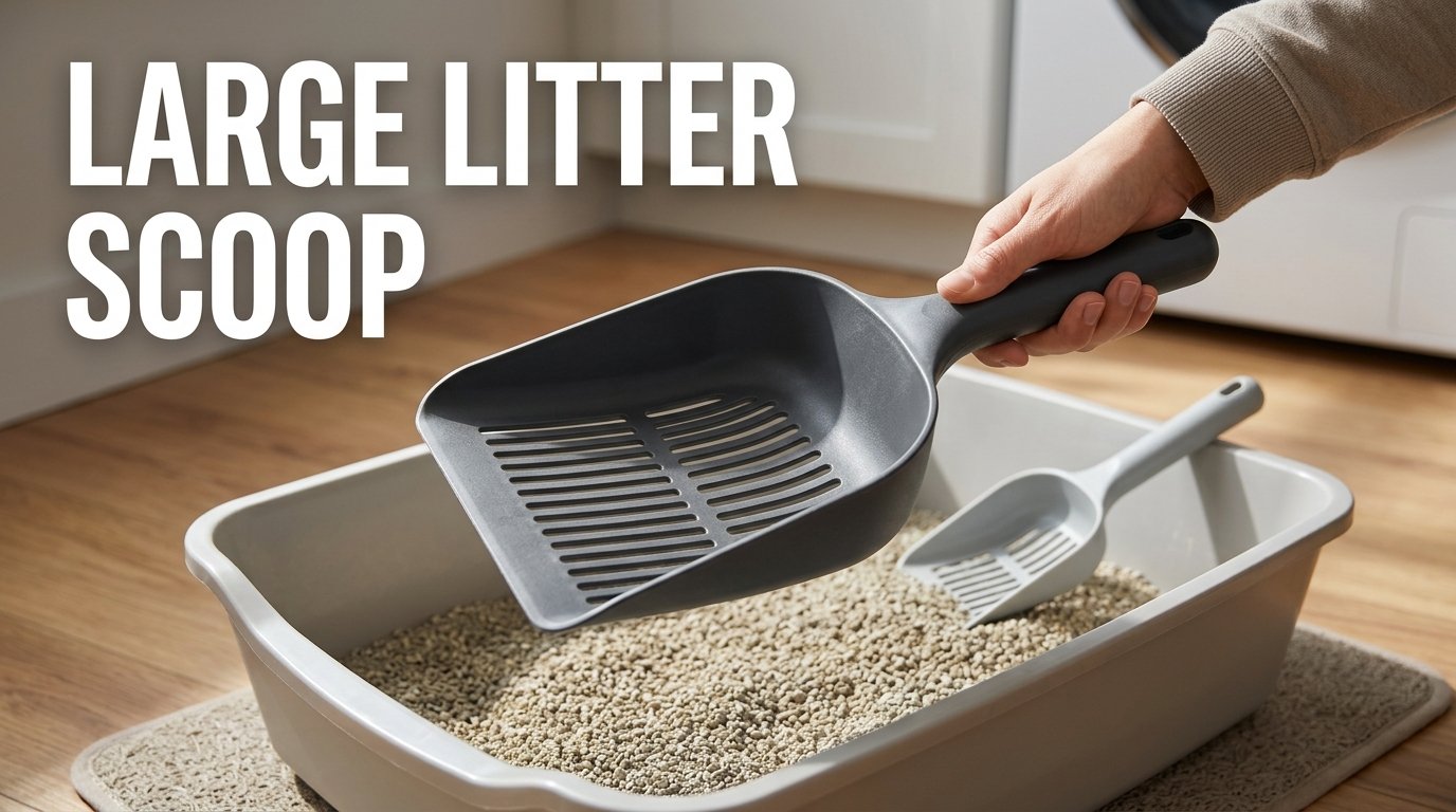 Large Litter Scoop with a wide slotted head positioned above a spacious cat litter tray