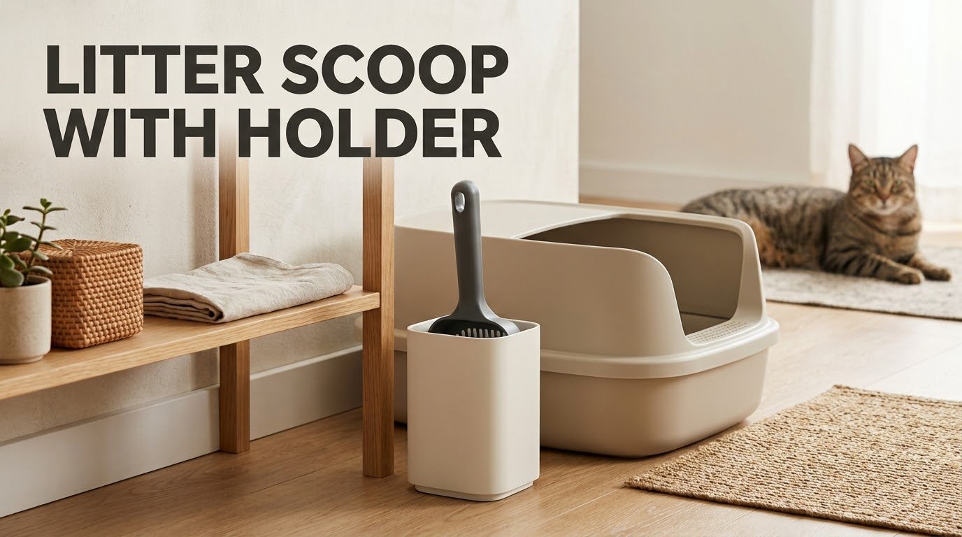 Litter Scoop With Holder stored upright beside a cat litter box for tidy organization