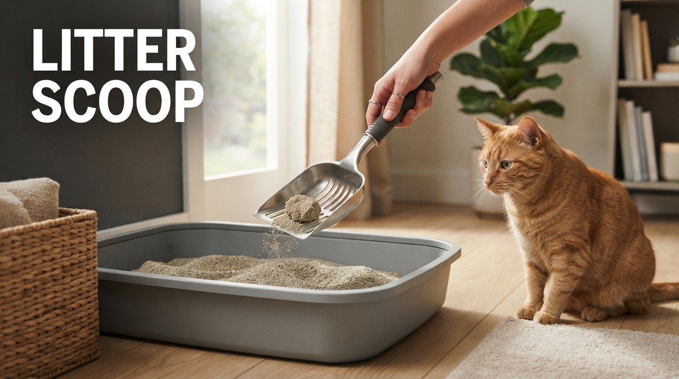 Litter scoop being used to clean a cat litter box