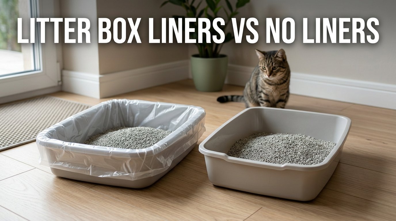Litter Box Liners Vs No Liners comparison showing one lined cat litter tray and one without a liner