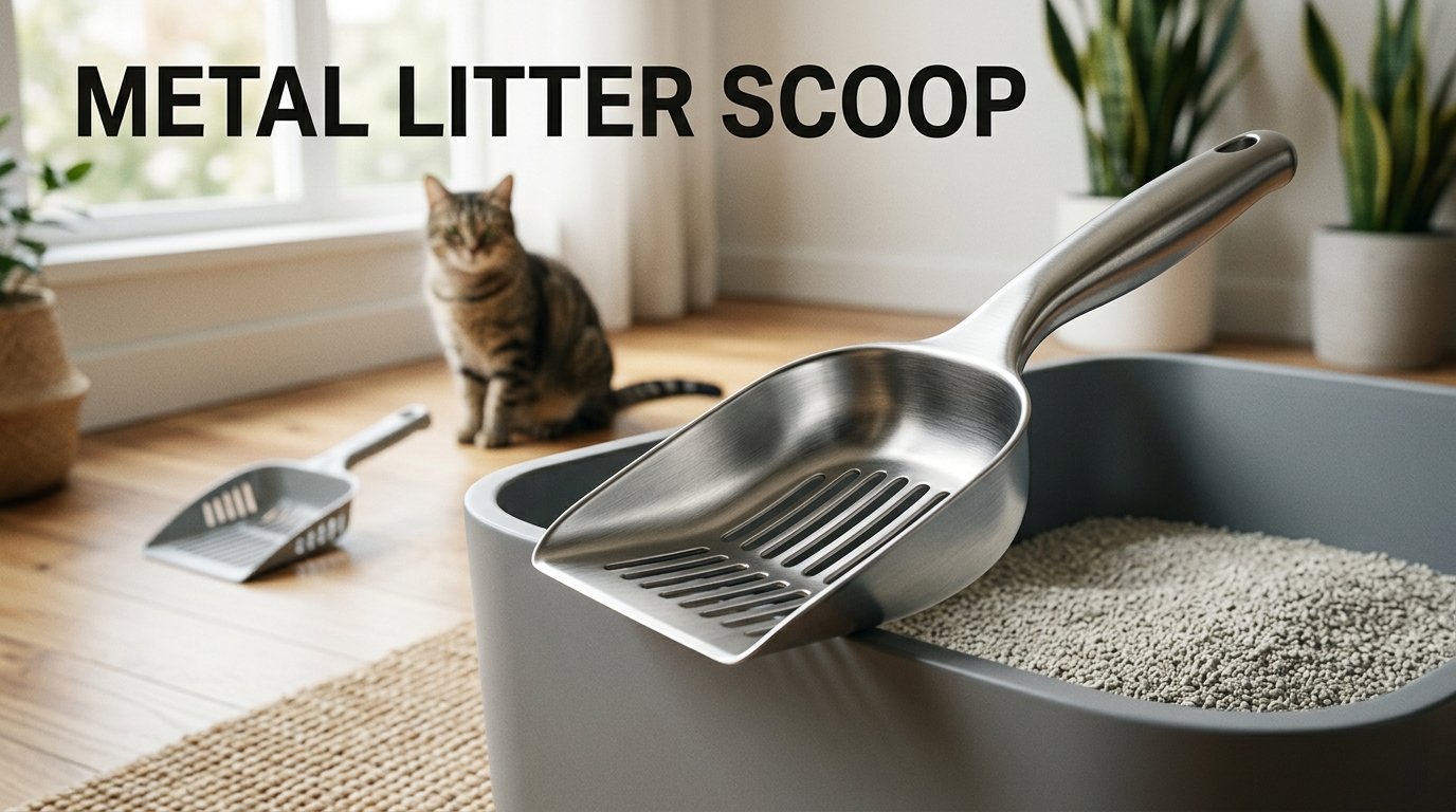 Metal Litter Scoop with a deep bowl and durable sifting slots beside a cat litter box