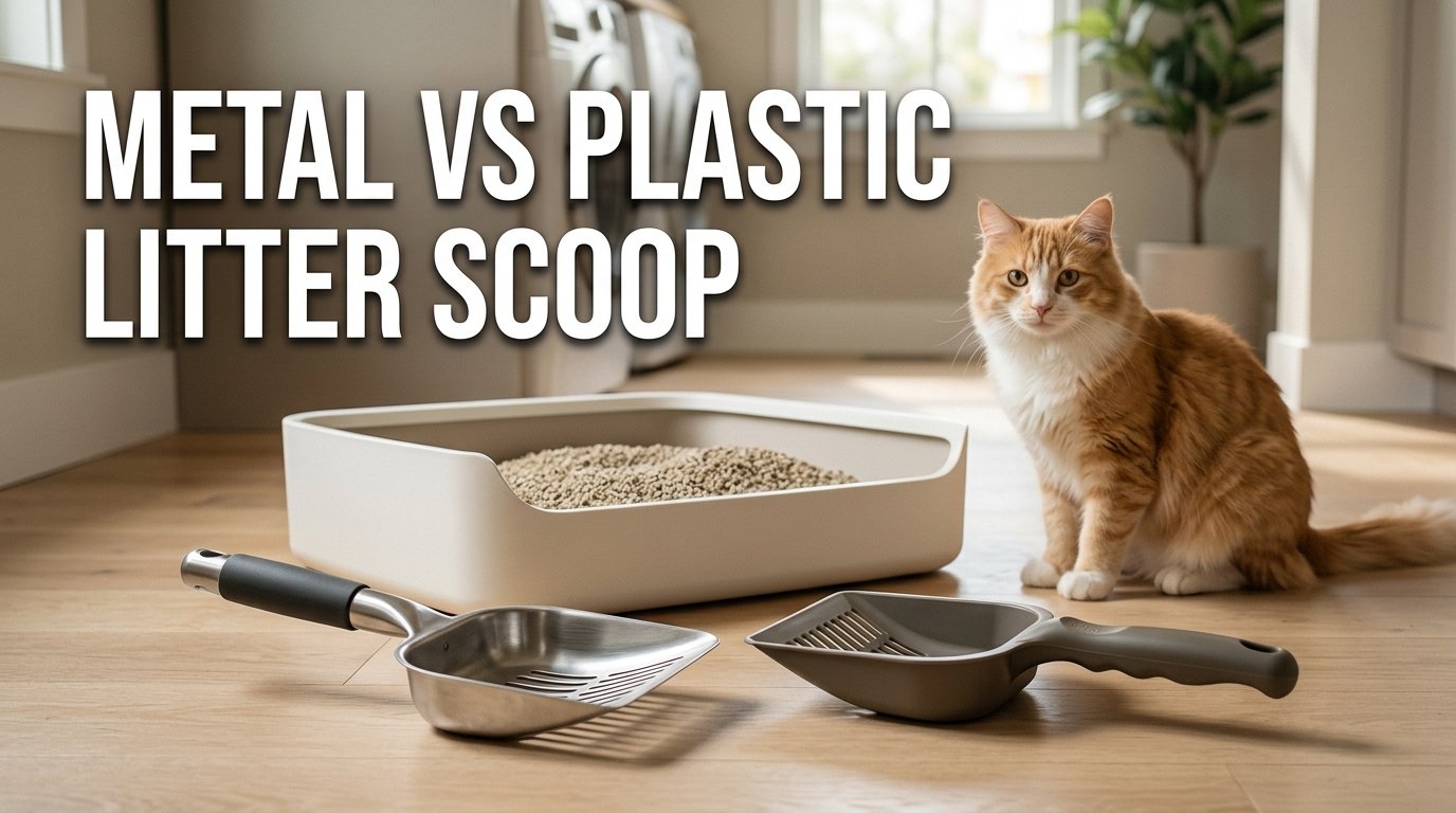 Metal vs plastic litter scoop comparison beside an open cat litter box