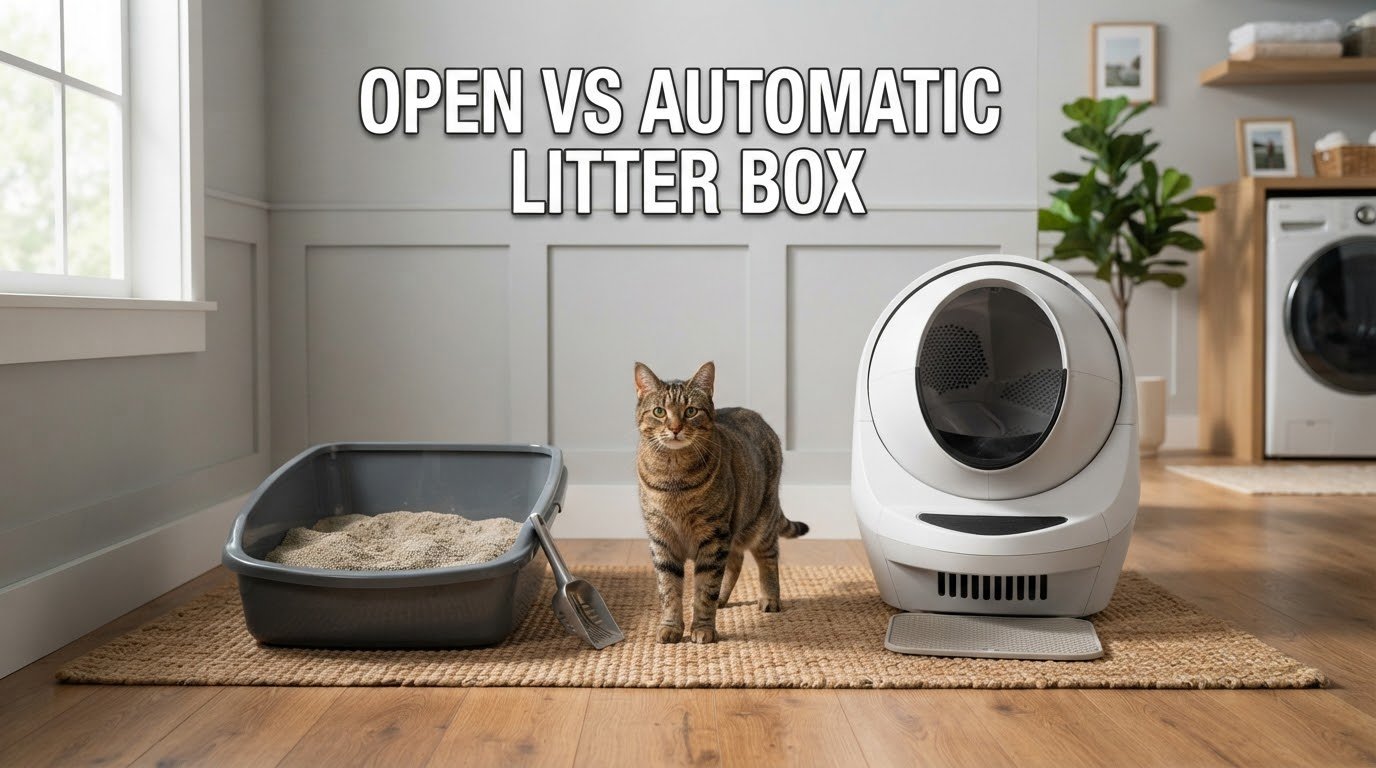 Open vs automatic litter box comparison with a cat in a modern home