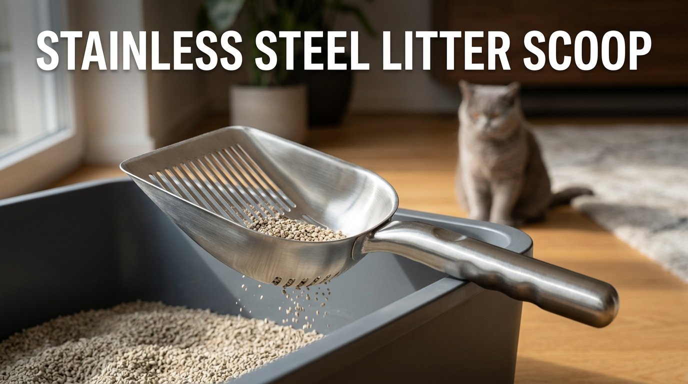 Stainless Steel Litter Scoop with a deep sifting head beside a cat litter box