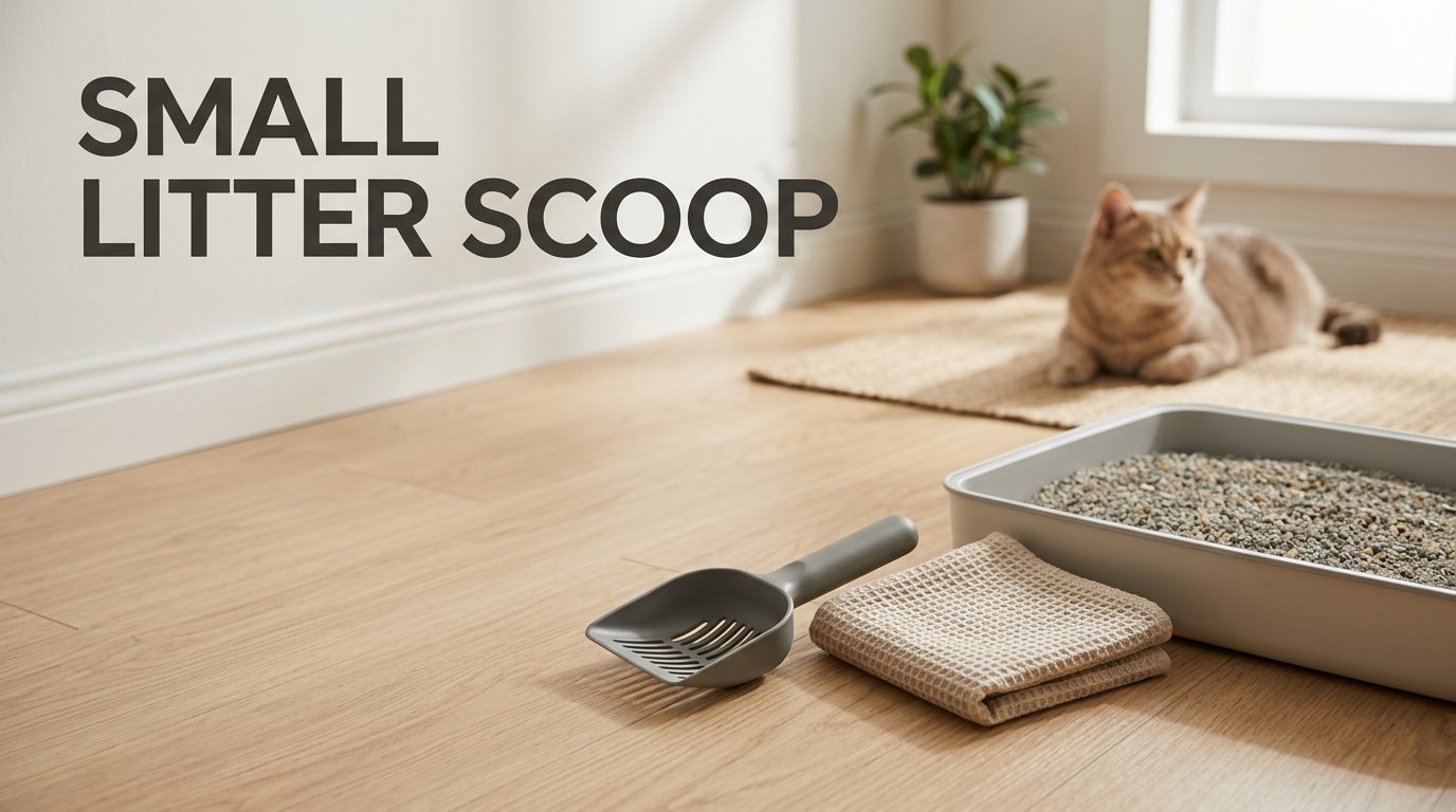 Small Litter Scoop with a compact slotted head beside a small cat litter tray