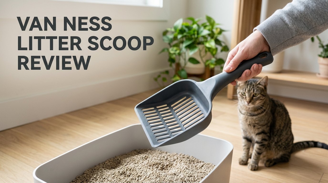 Van Ness Litter Scoop Review showing the plastic scoop, sifting holes and handle