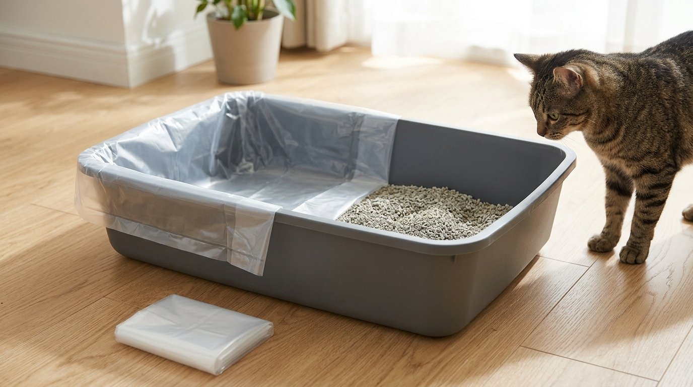 Cat litter box with a plastic liner fitted inside for easier cleaning