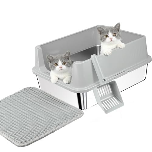 TENTIZON stainless steel open litter box for kittens with mat, scoop and lid