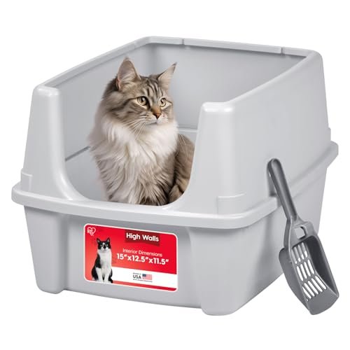 IRIS USA High Sided Cat Litter Box, Scatter Shield, Large, gray