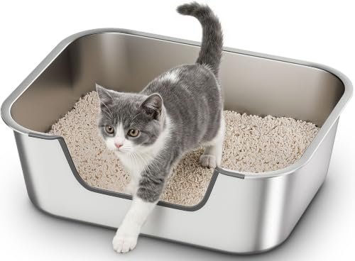 Qiuma Stainless Steel Cat Litter Box with Low Entry, Metal K