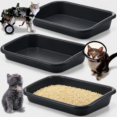 Uiifan 3Pcs Large Low Entry Cat Litter Box, Dark Gray, 17 x 