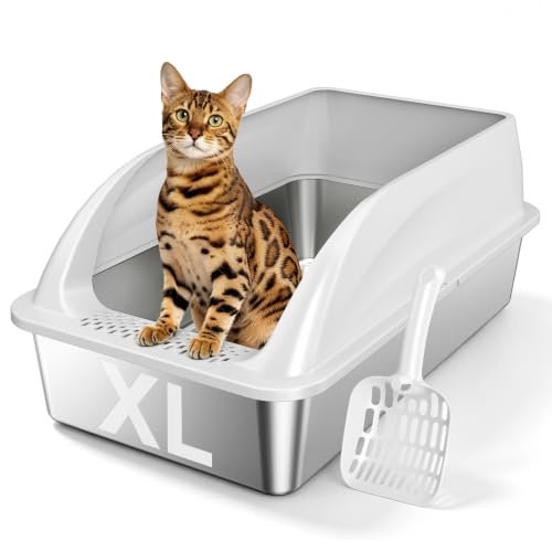 Tevila XL light gray stainless steel open litter box with high sides