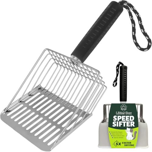 304 stainless steel large litter scooper with dual-size holes and tray