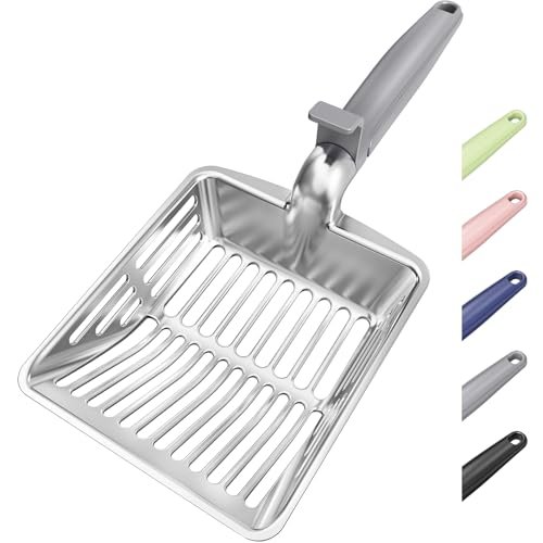 Large heavy duty metal cat litter scoop with deep shovel and dual-size holes