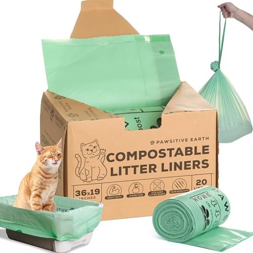 Pawsitive Earth compostable cat litter box liners, 20 count, jumbo 36 x 19 inch drawstring bags