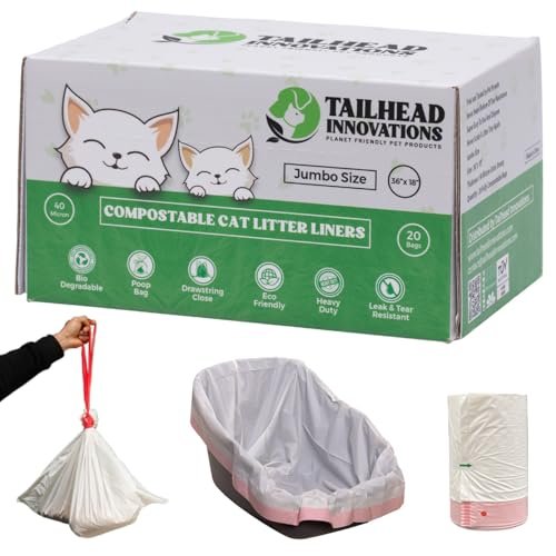 Tailhead Innovations 100% compostable cat litter box liners with drawstring, 36 x 18 inch